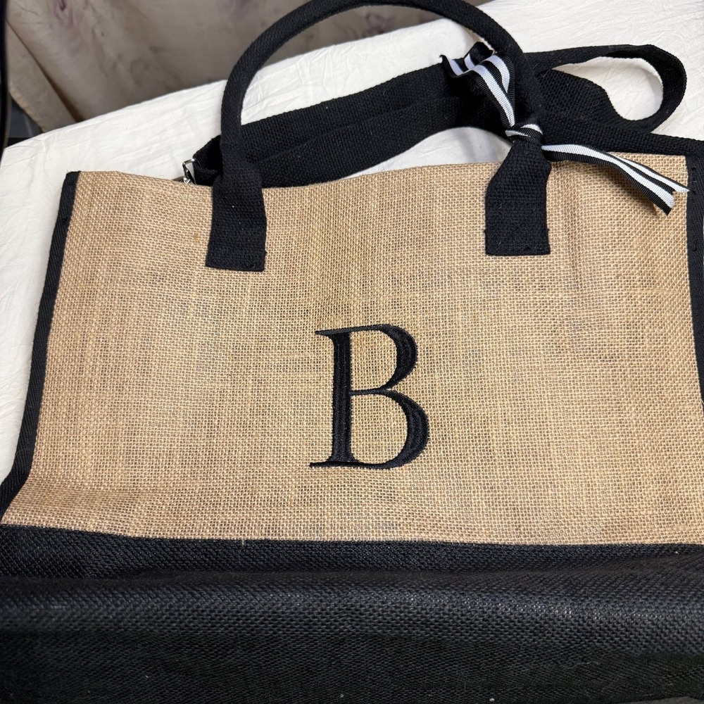 Burlap‎ Jute Tote Bag with Embroidered 'B' Initial & Ribbon Detail matching mini